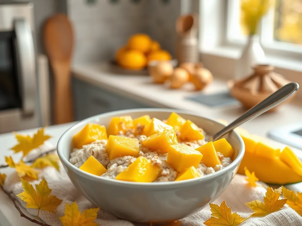 Bowl of lazy microwave instant oatmeal topped with canned mango for a quick breakfast.