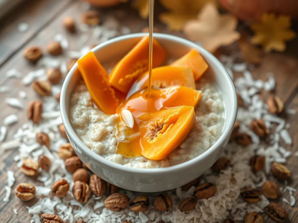 Bowl of lazy microwave instant oatmeal topped with canned papaya and syrup