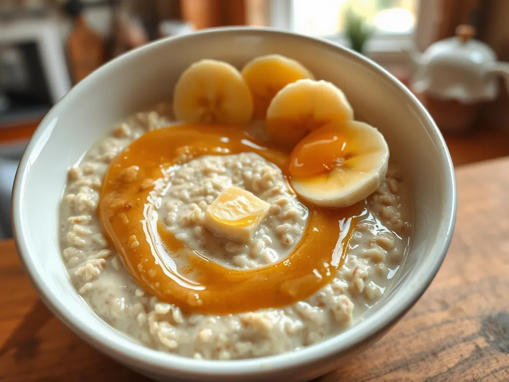 Bowl of lazy microwave instant oatmeal with peanut butter, banana slices, and honey.
