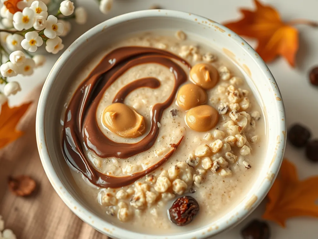 Bowl of lazy microwave instant oatmeal with raisins, topped with peanut butter and chocolate swirl
