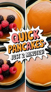 Delicious lazy microwave pancakes topped with canned berries like raspberries and blackberries