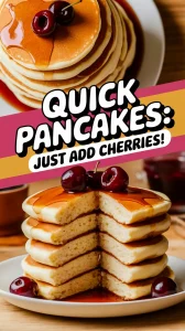 Delicious pancakes stacked with syrup and canned cherries, perfect for a quick breakfast.