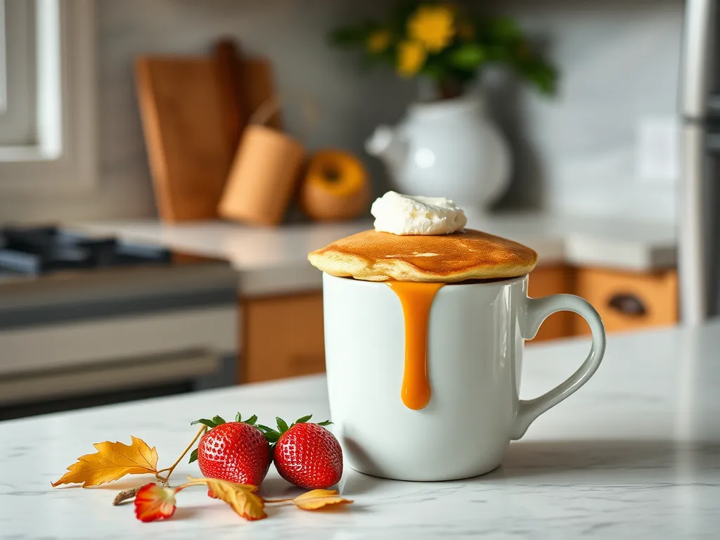 Delicious lazy microwave instant pancake mix mug topped with strawberries and cream