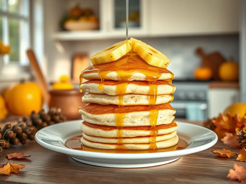 Fluffy pancakes topped with canned pineapple and syrup, perfect for lazy mornings.