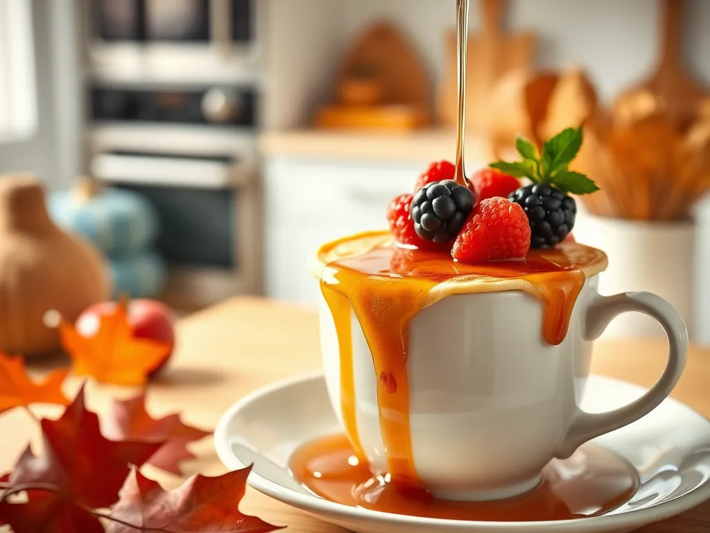 Delicious lazy microwave instant pancake mix mug cake topped with berries and syrup