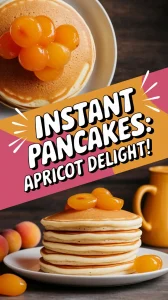 Fluffy instant pancakes topped with canned apricots for a quick breakfast.