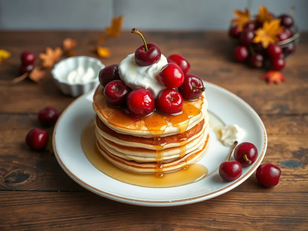 Fluffy microwave pancakes topped with canned cherries and syrup, perfect for a quick meal.