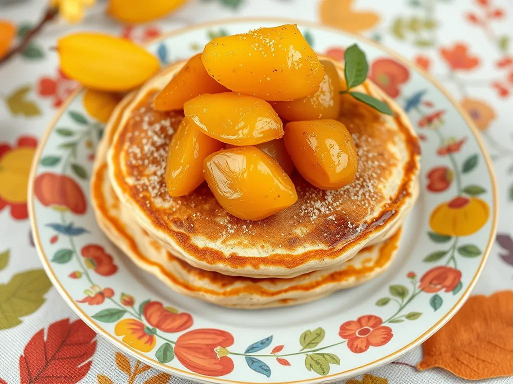 Delicious lazy microwave pancakes topped with canned nectarines
