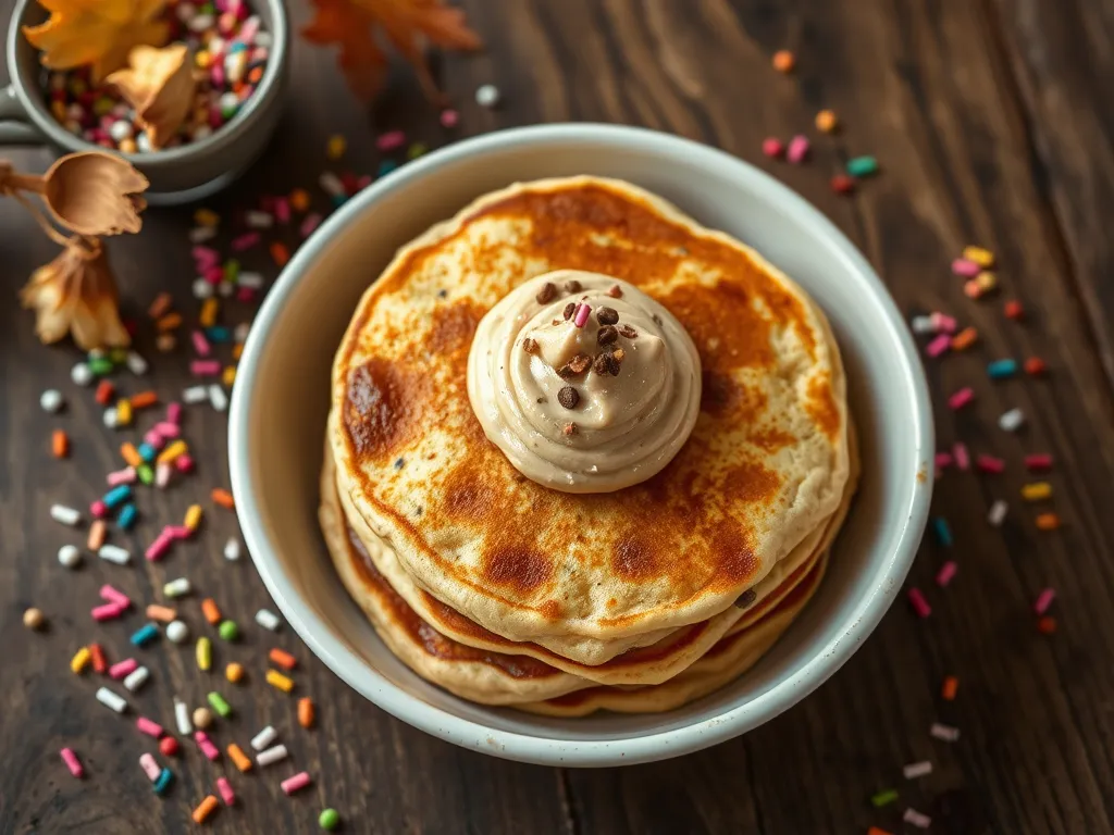 Delicious lazy microwave instant pancakes topped with peanut butter and colorful sprinkles.