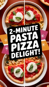 Delicious lazy microwave frozen mini pizza pasta served with fresh basil.