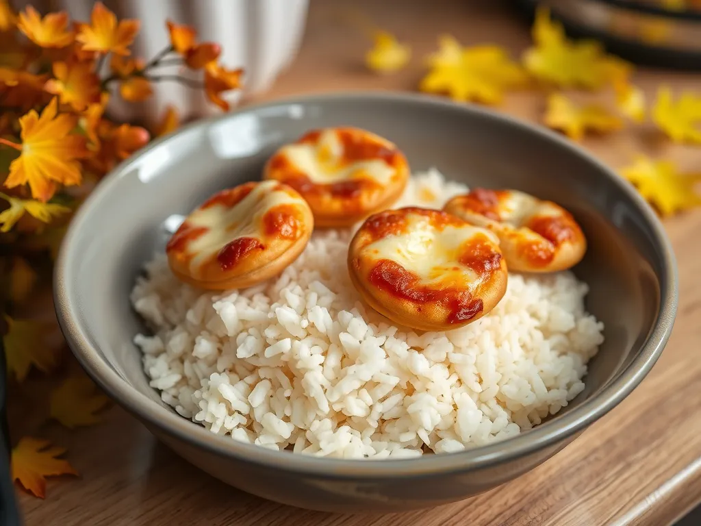 Delicious frozen mini pizza rice bowl with fluffy rice and mini pizzas on top