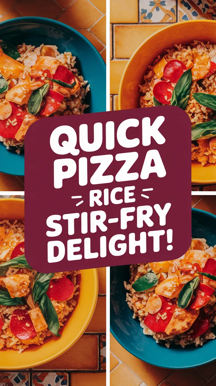 Delicious lazy microwave frozen mini pizza rice stir-fry served in a colorful bowl