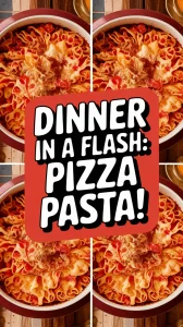 Delicious lazy microwave frozen pizza roll noodle casserole with colorful toppings.