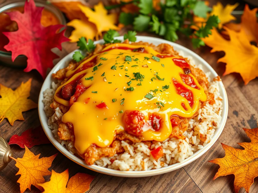 A delicious lazy microwave frozen pizza roll rice bake topped with melted cheese and colorful garnishes.