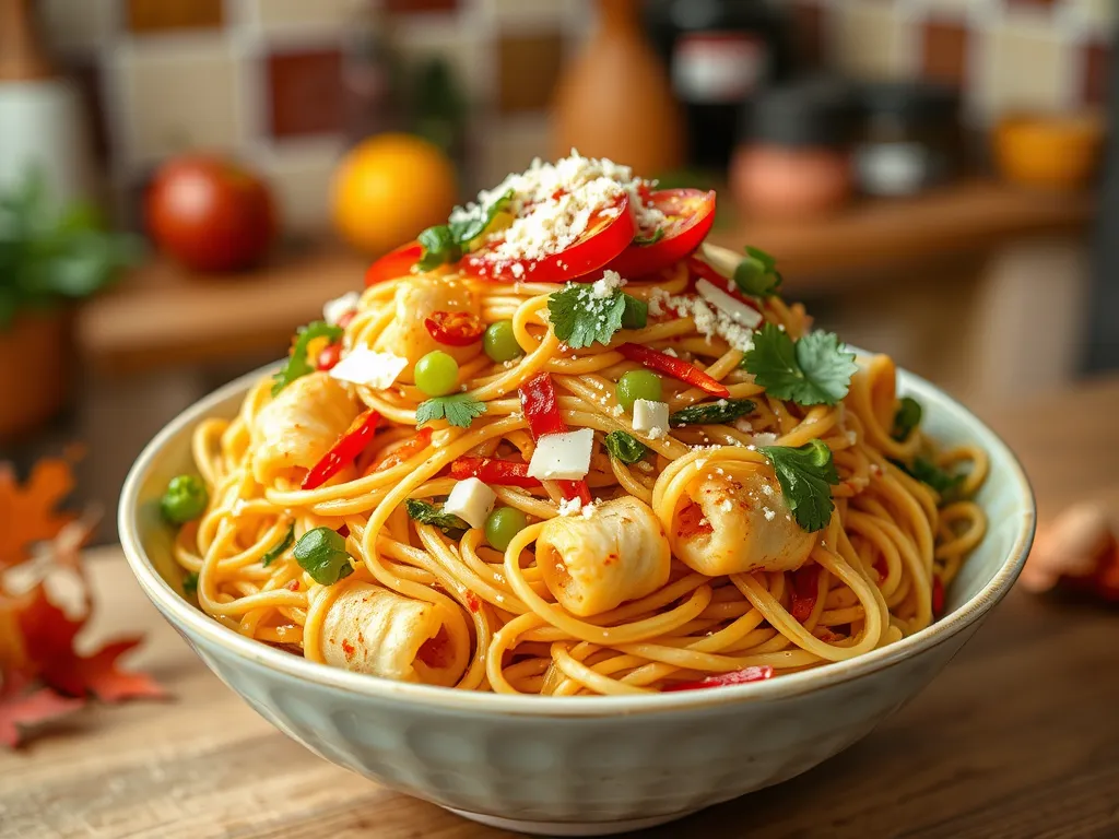 A delicious bowl of stir-fry noodles featuring ingredients like mini pizza toppings, colorful vegetables, and herbs, ideal for a quick meal.