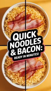 Bowl of egg noodles topped with pre-cooked bacon for a quick meal.