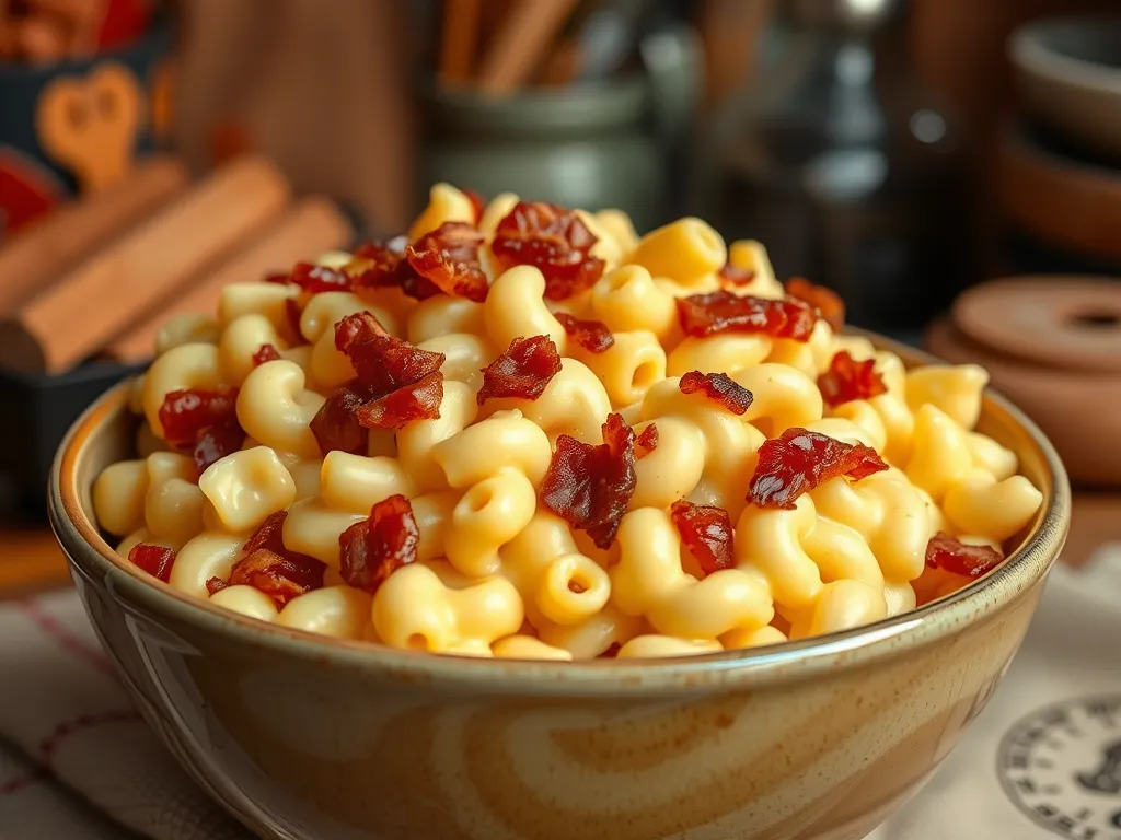 Delicious macaroni and cheese topped with pre-cooked bacon, perfect for a quick meal.