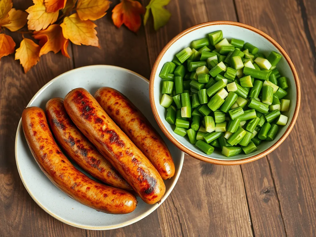 Delicious lazy microwave pre-cooked sausage with diced asparagus