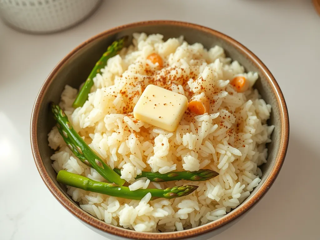 Bowl of lazy microwave boxed rice topped with butter, diced asparagus, and spices.