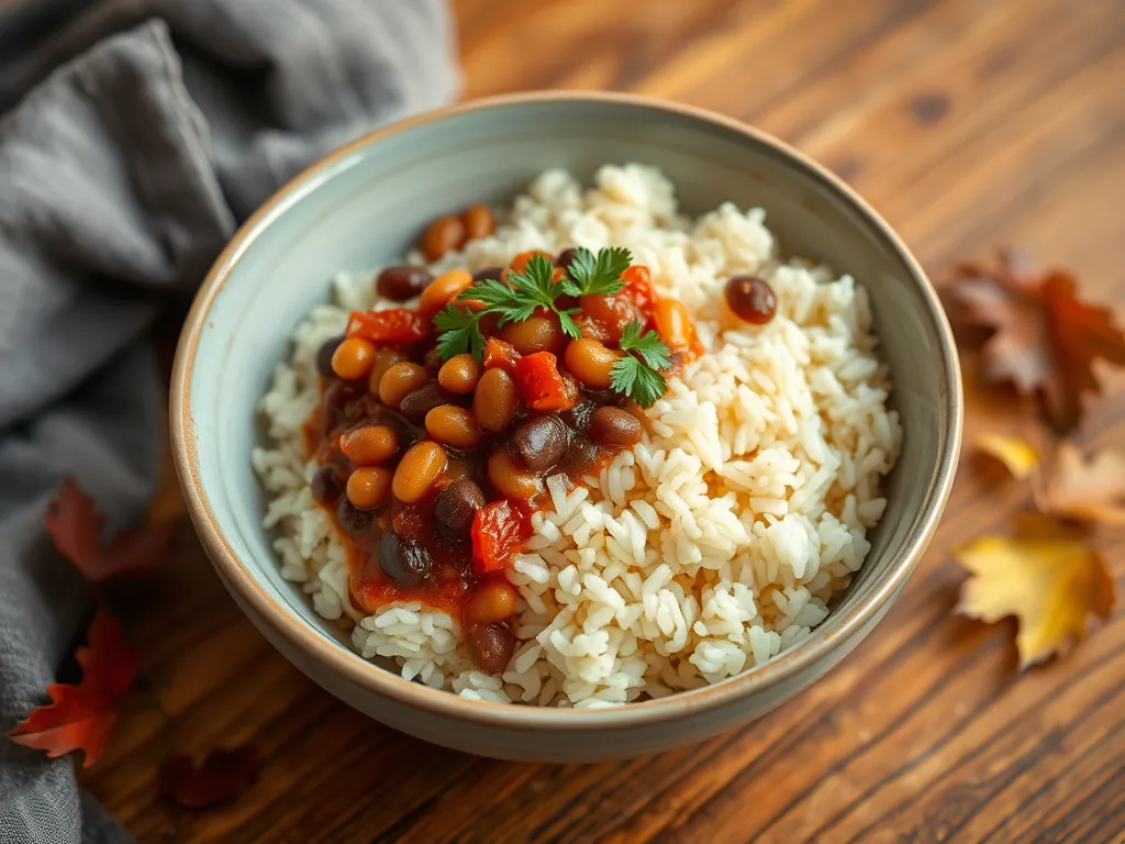 A bowl of lazy microwave boxed rice topped with canned beans and herbs