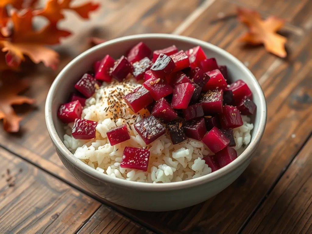 A bowl of lazy microwave boxed rice topped with canned diced beets, perfect for a quick meal.