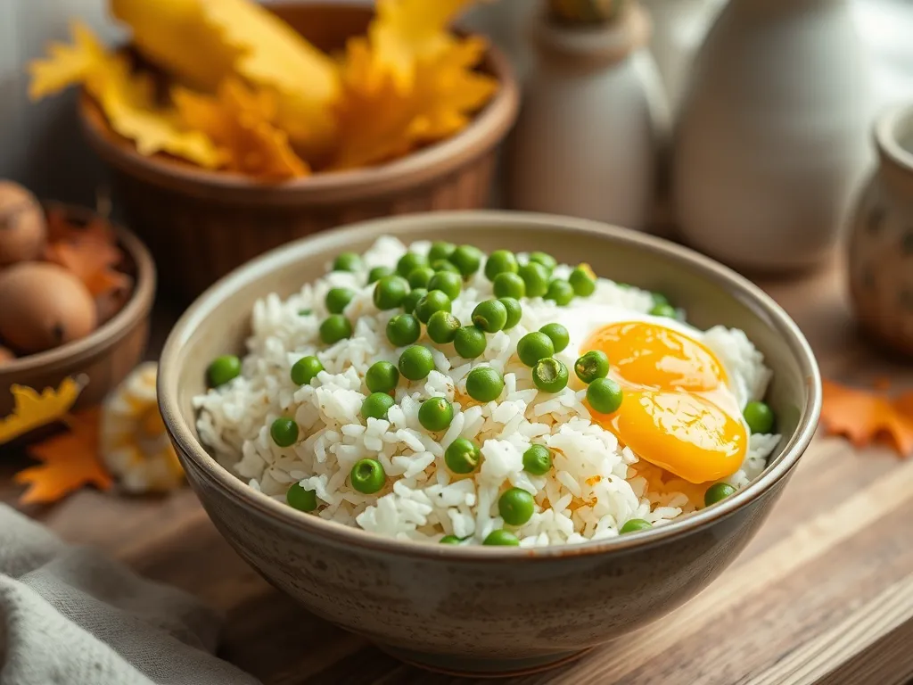 Bowl of lazy microwave boxed rice mix topped with green peas and egg yolks