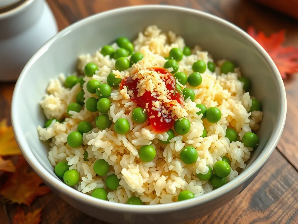 Bowl of lazy microwave boxed rice mixed with canned peas
