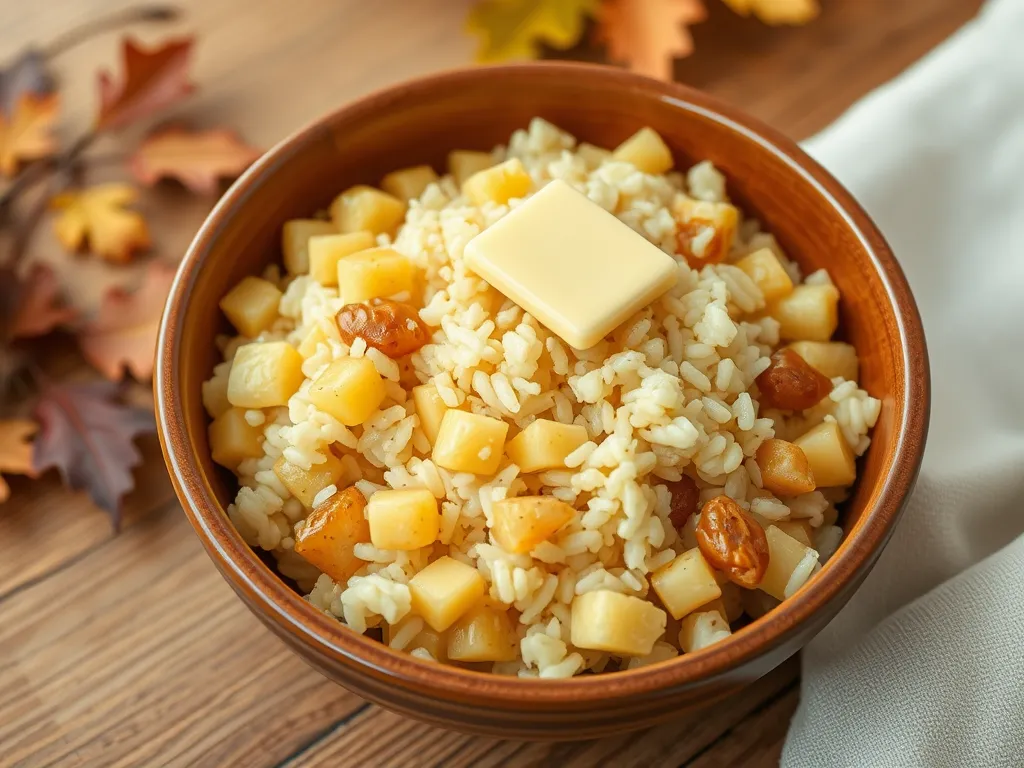 Bowl of lazy microwave boxed rice mixed with canned diced rutabagas and butter.
