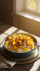 A delicious bowl of lazy microwave boxed rice topped with canned diced squash, perfect for a quick meal.