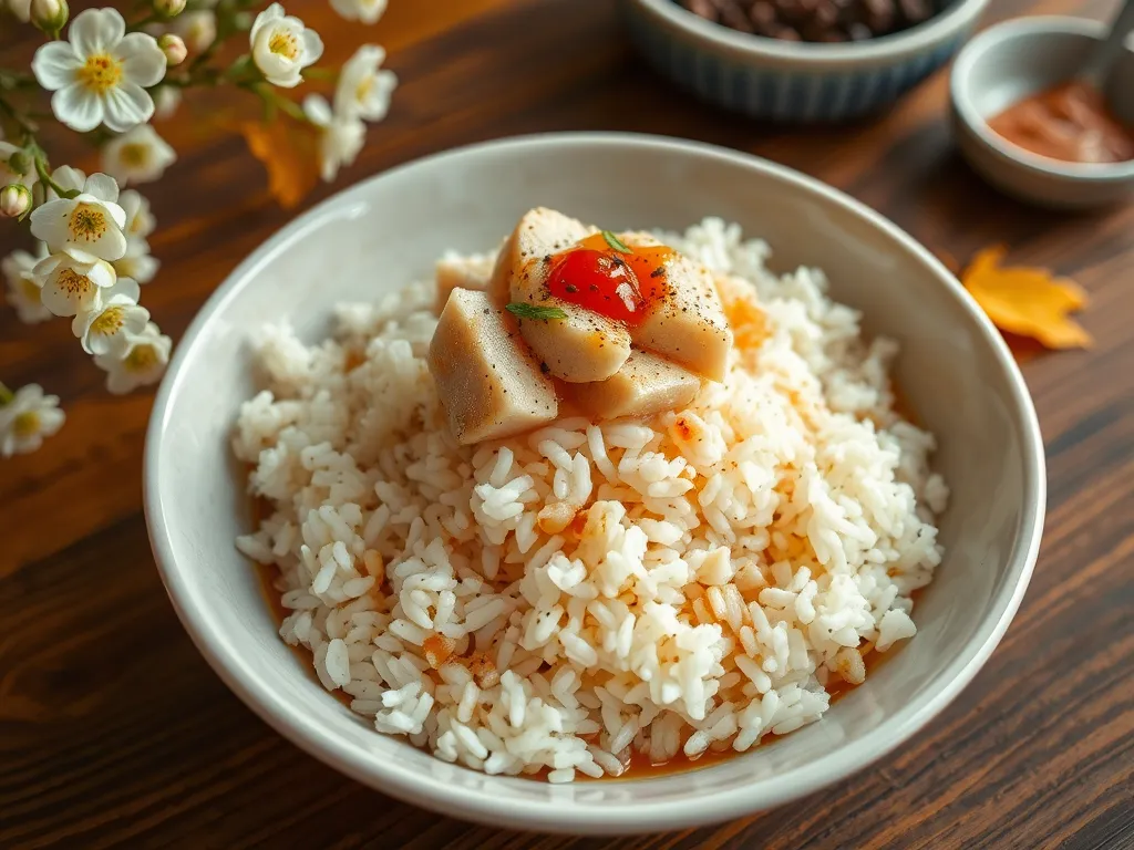Bowl of lazy microwave boxed rice topped with canned tuna for a quick meal