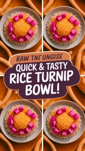 A delicious bowl of lazy microwave boxed rice with vibrant canned diced turnips.