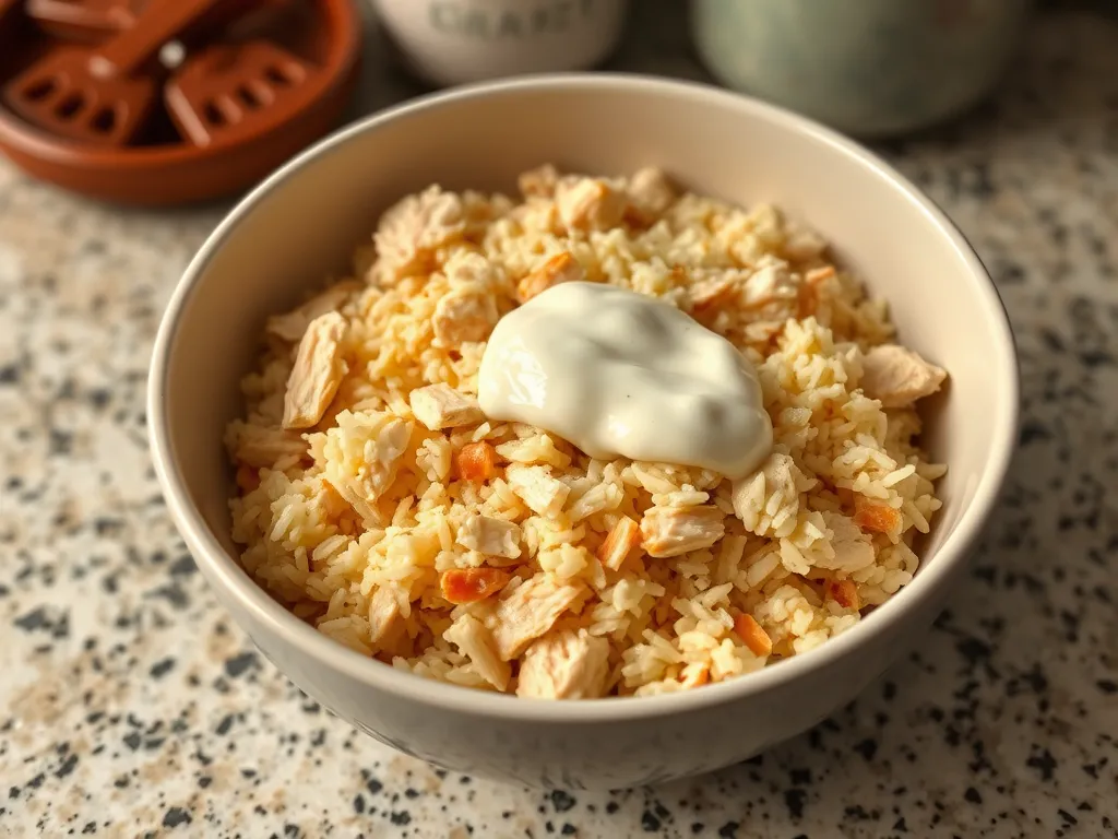 Bowl of lazy microwave pre-cooked rotisserie chicken rice topped with sauce