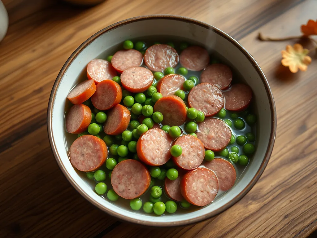 Bowl of lazy microwave pre-cooked sausage and canned peas for quick meal.