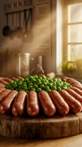 A plate of lazy microwave pre-cooked sausages surrounded by green canned peas