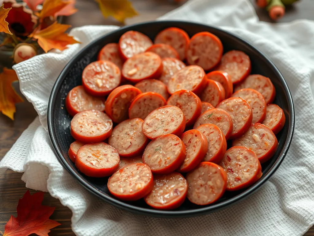 Plate of sliced pre-cooked sausage for lazy microwave rice dish