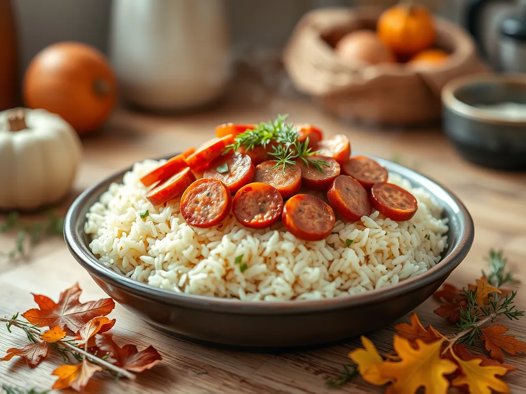 Bowl of lazy microwave pre-cooked sausage and rice topped with sliced sausage and fresh herbs.