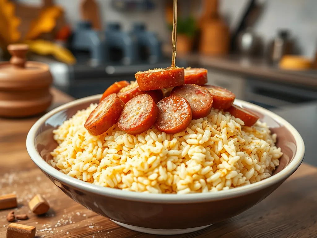 Bowl of instant rice topped with pre-cooked sausage for a quick meal.