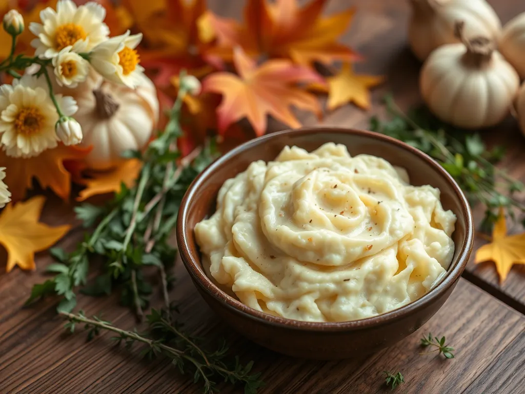 Bowl of creamy mashed potatoes surrounded by autumn leaves and flowers, complementing lazy microwave pre-cooked sausage and canned diced rutabagas.