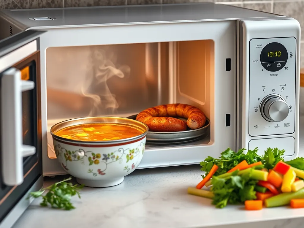 Microwave cooking pre-cooked sausage and canned soup for a quick meal