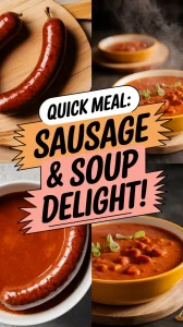 Pre-cooked sausage and canned soup arranged in a quick meal setup