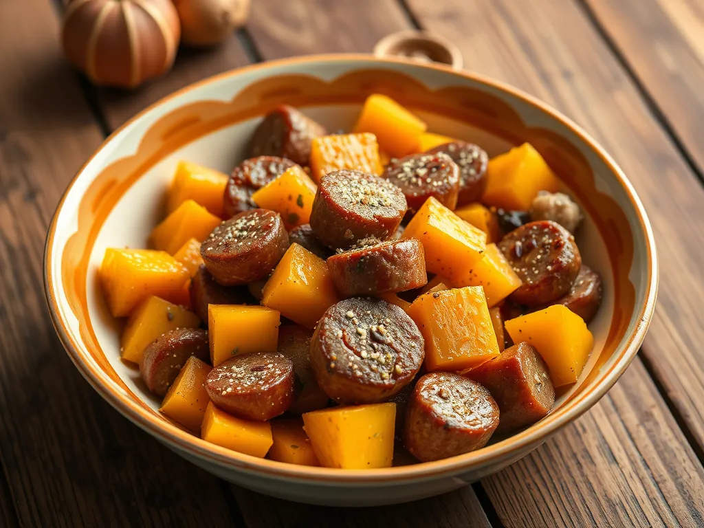 Bowl of lazy microwave pre-cooked sausage and canned diced squash