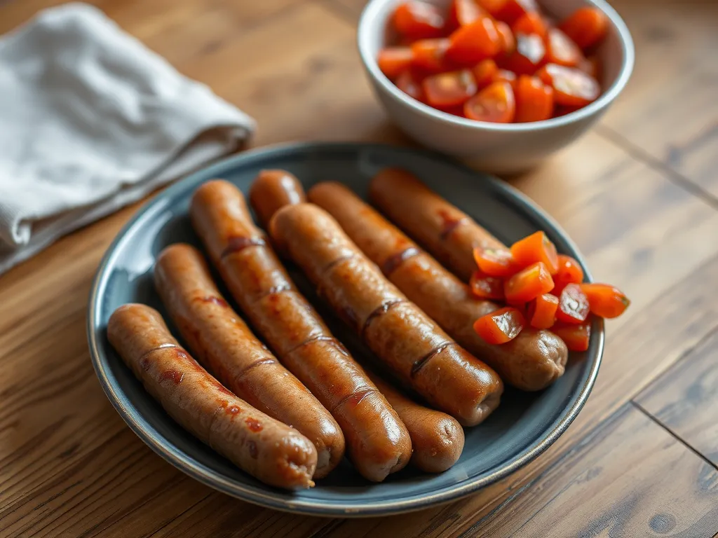 Lazy microwave pre-cooked sausage alongside diced tomatoes in a bowl.