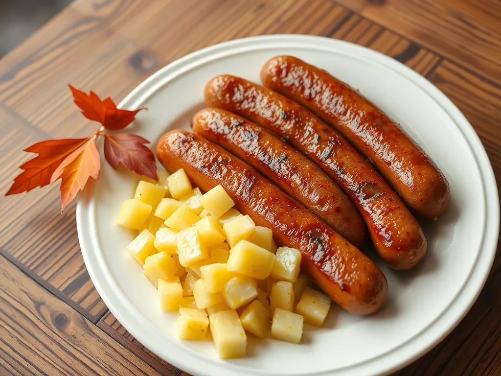 Plate of lazy microwave pre-cooked sausage served with diced turnips