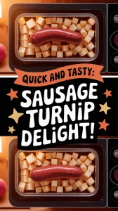 Pre-cooked sausage with canned diced turnips inside a microwave container for easy cooking.