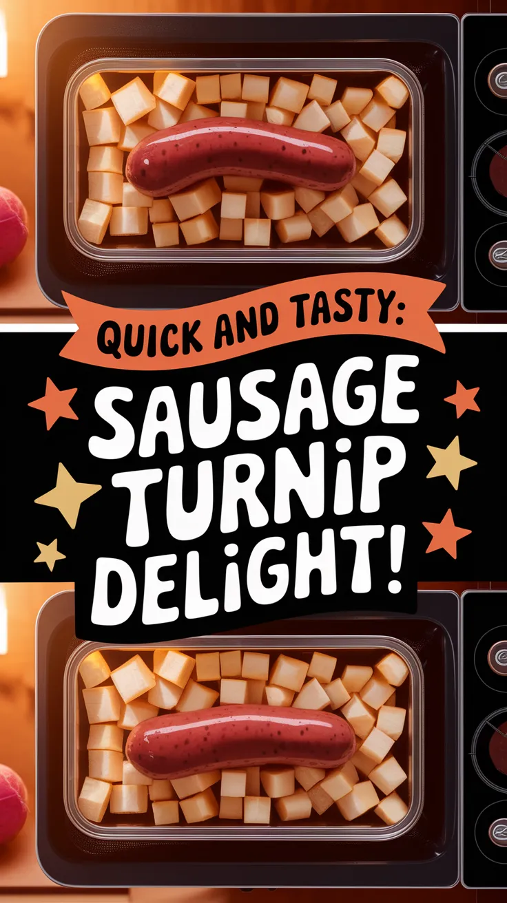 Pre-cooked sausage with canned diced turnips inside a microwave container for easy cooking.