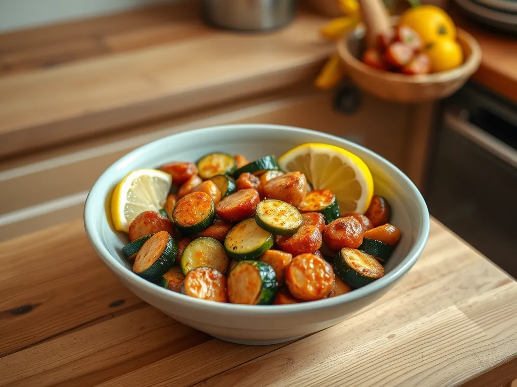 A bowl of lazy microwave pre-cooked sausage and diced zucchini garnished with lemon slices, showcasing a simple and tasty meal.