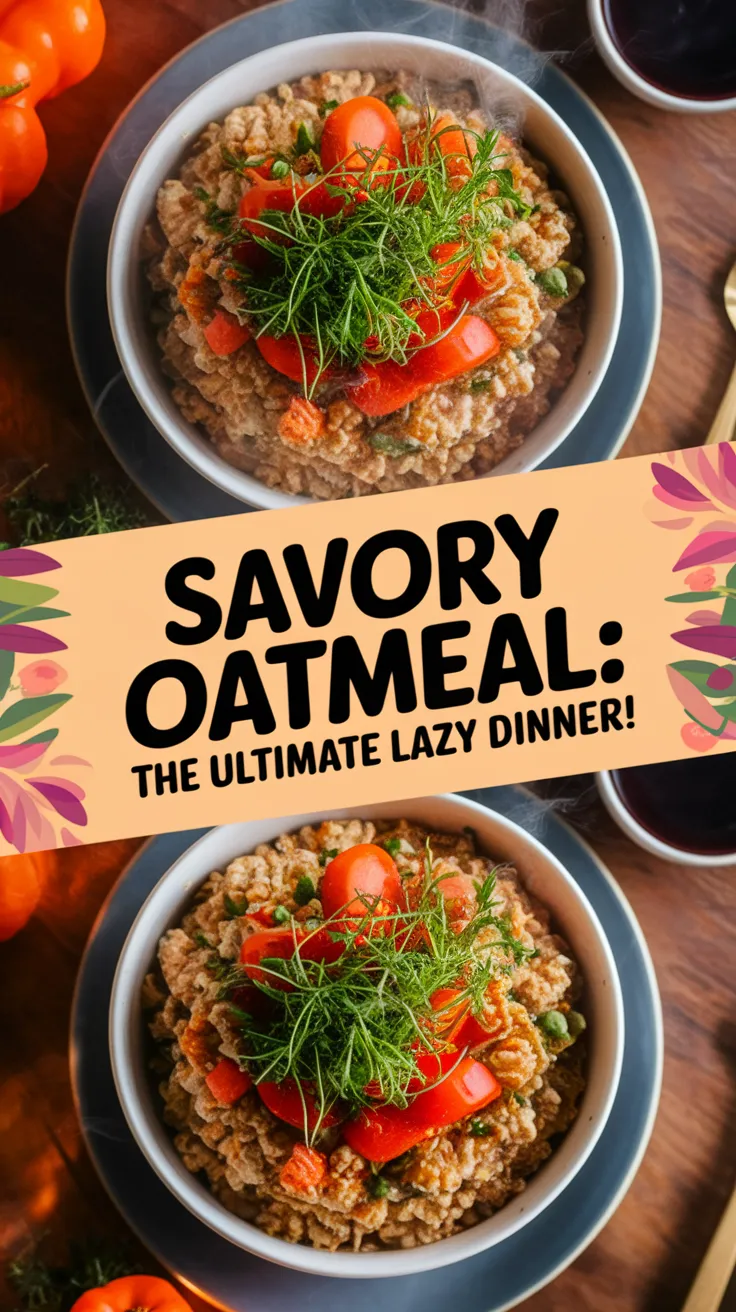 Bowl of savory microwave oatmeal topped with tomatoes and herbs for a quick dinner.