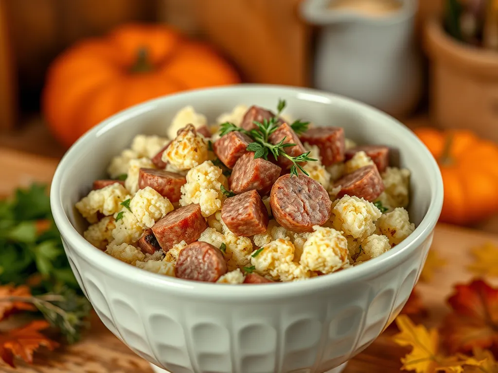 Bowl of lazy microwave boxed stuffing with sausage and herbs.