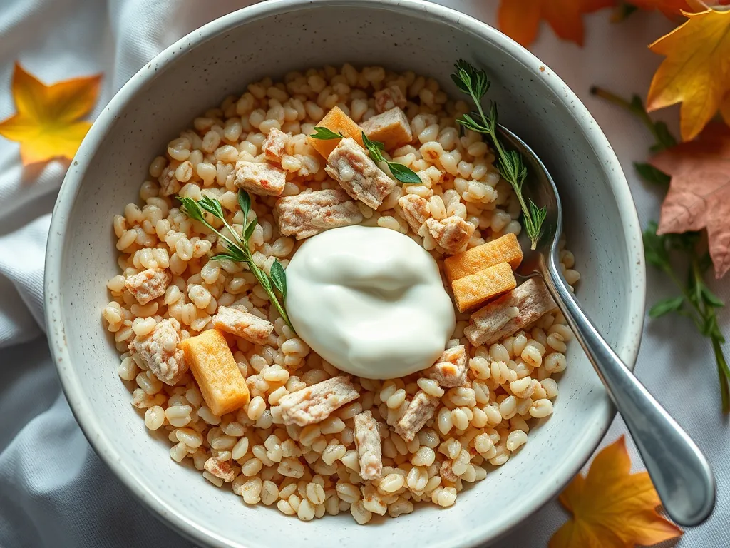 Bowl of instant barley topped with canned tuna, sour cream, and garnished with herbs