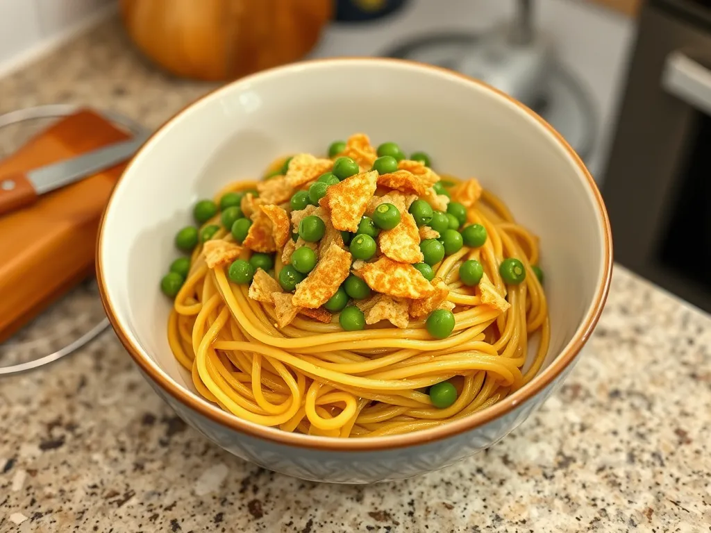A bowl of lazy microwave canned tuna casserole topped with peas and crispy bits.